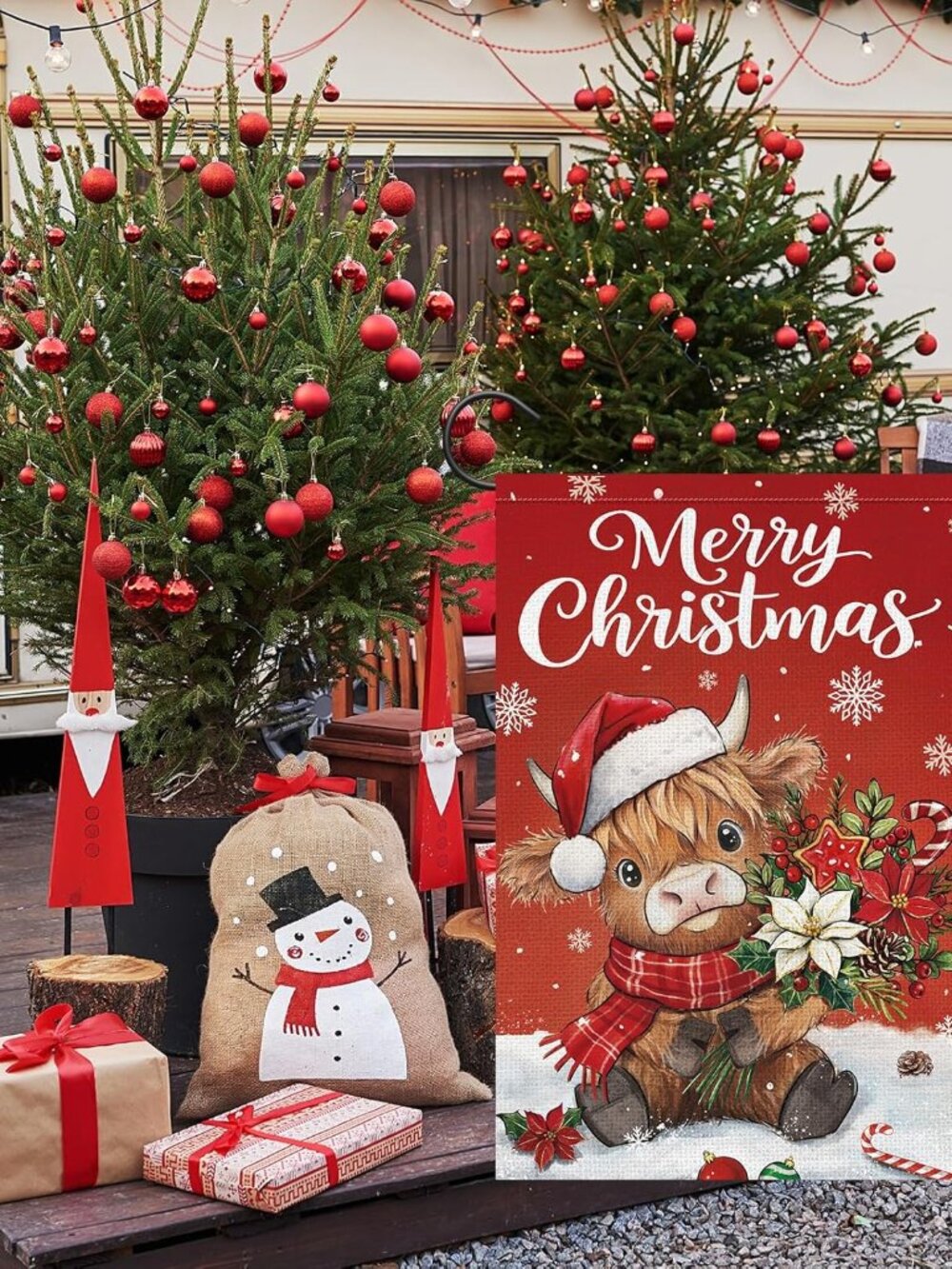 Merry Christmas Highland Cow Garden Flag 12x18 Inch Double Sided Burlap, Winter - Picture 2 of 7